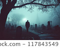 A solitary figure walks through a foggy cemetery surrounded by gravestones on a misty evening. Generative AI 117843549