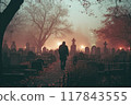 A solitary figure walks through a foggy cemetery surrounded by tombstones and soft glowing lights in the evening hours. Generative AI 117843555