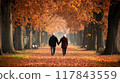 Elderly couple walking hand in hand through a picturesque autumn park lined with vibrant orange leaves. Generative AI 117843559