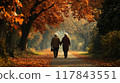 Elderly couple walks hand in hand through a vibrant autumn forest path filled with colorful leaves in late afternoon light. Generative AI 117843551