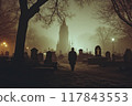 A solitary figure walks through a foggy cemetery illuminated by eerie lights at night. Generative AI 117843553