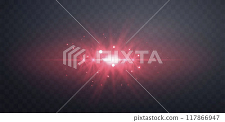 Red horizontal lensflare. Light flash with rays or spotlight and bokeh. Red glow flare light effect. Vector illustration. Isolated on dark transparent background. 117866947