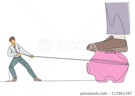 Single one line drawing businessman tries to take piggy bank stepped on by giant foot. Attempting to take ownership of investment. Fight to get decent life. Continuous line design graphic illustration 117901397