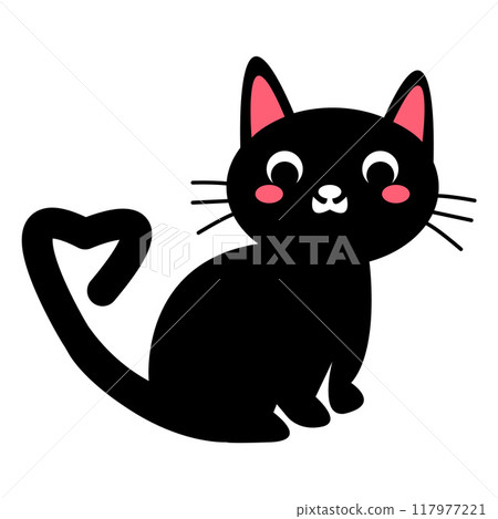 Mysterious Black Cat with Heart Shape Tail. Halloween Sticker. Cute Cartoon Kitty Illustration for Spooky Decor. Valentines Day Design. Mystic Feline. Vector illustration 117977221