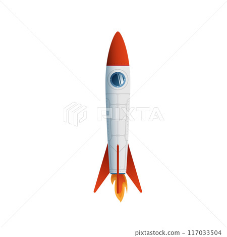 Flat style illustration of a rocket on a white background. Suitable for childrens books, educational projects, and advertising materials related to space and technology. Vector illustration 117033504