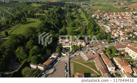 Aerial view Sigurta Garden Park. Valeggio sul Mincio is a comune in Italy, located in the province of Verona, Venice region.  117049418