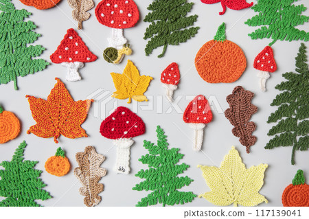 Bright autumn pattern of knitted toys in form leaves of oak, maple, fern and mushroom mushrooms with place for text in center. Knitted autumn story with your own hands. 117139041