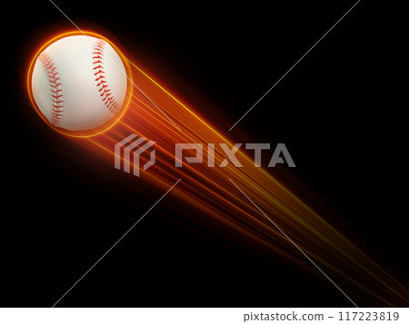 Baseball ball flying with fast magic effect in futuristic hi-tech black background. 117223819