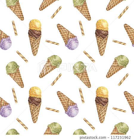 Ice cream scoops in the waffle cone seamless pattern. Lemon, chocolate, lavender, matcha flavors treat clipart Dessert watercolor print for textile, wallpaper, napkin, ice cream parlor design, covers 117231962