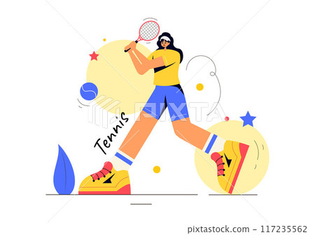 Vector Illustration of a Tennis Player Holding a Racket with a Ball on the Court During a Sports Match in Flat Cartoon Style Background 117235562