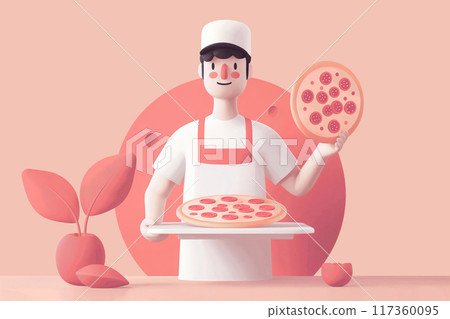 Colorful, minimalist illustration featuring a friendly pizza delivery person with a stylized pizza 117360095