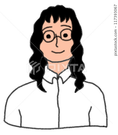 Illustration of the upper body of a person wearing round glasses and a white shirt in a pencil drawing style 117393067