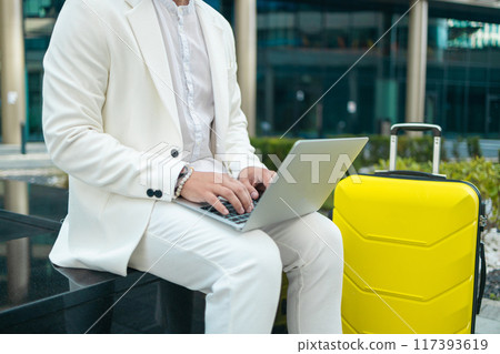 Focused young businessman corporate worker investor with suitcase sitting near business centre waiting, working remote on laptop 117393619