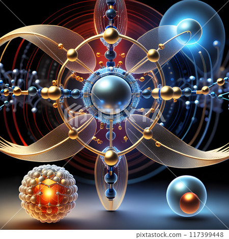 Futuristic Atomic Structure with Orbiting Electrons and Molecular Patterns 117399448