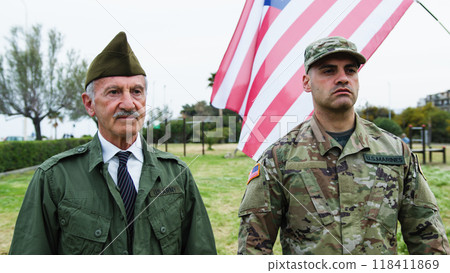 American Military General And Sergeant Standing At Attention In Memorial Park 118411869