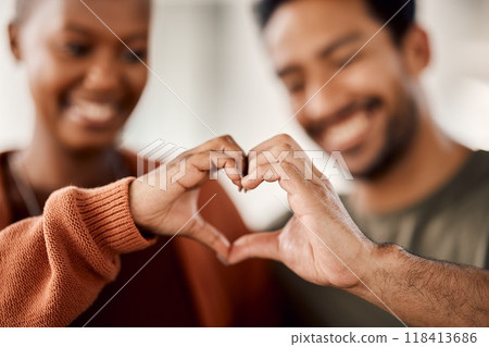 Love, heart and happy with hands of couple for solidarity, romance and support. Kindness, happiness and relationship with closeup of man and woman with emoji shape at home for care, date and marriage 118413686