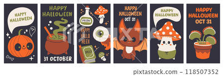 Halloween poster set. Trendy flat style and funny characters. Cute vector poster set for postcard, flyer, banner 118507352