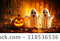 Halloween greeting card. Two ghosts and a pumpkin 118536536