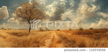 Dry grassland with brown trees and yellow long grasses, dirt road leading to an old building in distance 118559508