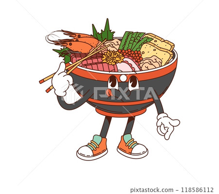 Cartoon groovy kaisendon donburi character. Isolated vector playful traditional Japanese food bowl personage holding chopsticks and filled with various ingredients such as shrimp, fish and vegetable 118586112