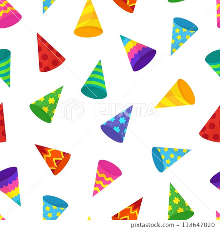 Birthday seamless pattern. Party paper cones, decorative head accessories for festive. Vibrant cone fabric, wallpaper, wrapping vector print design 118647020