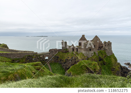 Windswept grass frames the ruins of Dunluce Castle on a coastal cliff 118652275