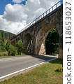 Stones bridge in mountain viaduct view on road near tree in Carpathians mountains Ukraine vertical 118653027