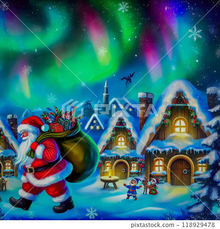 Santa Claus Shining in the Aurora Night Sky - Magical Christmas Village 118929478