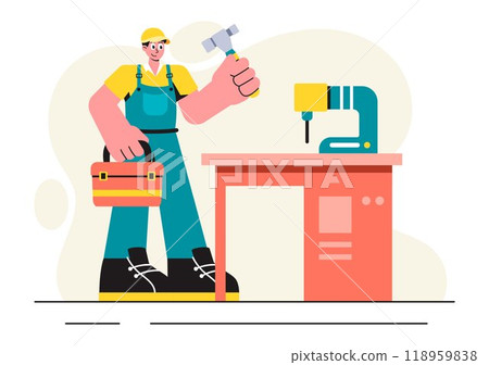 Woodworking Vector Illustration featuring Modern Craftsmen and Workers Producing Furniture Using Tools in a Flat Cartoon Style Background 118959838