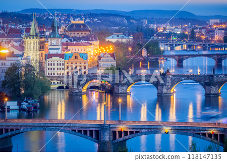 Panoramic view of Prague bridges over Vltava river 118147135