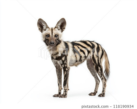 captivating aardwolf stands with its back arched, elegantly displaying its slender body and distinctive striped coat in a striking contrast against the white backdrop. 118190934