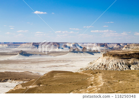 Bozzhira valley aerial view, Mangystau region, Kazakhstan 118250348