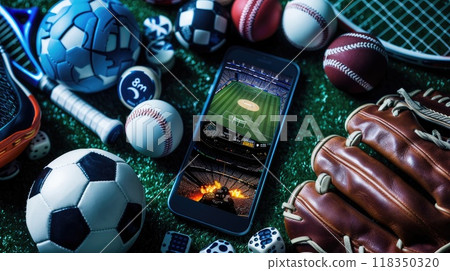 Variety of Sports Equipment Surrounding Smartphone with Betting App - Sports Betting Concept 118350320