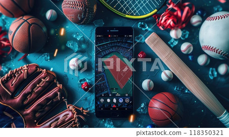 Variety of Sports Equipment Surrounding Smartphone with Betting App - Sports Betting Concept 118350321