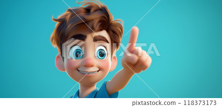 Animated Young Boy With Brown Hair Pointing Up Against Blue Background in Daytime 118373173