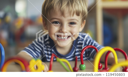 Little boy playing with educational toys at home. AI-generated item 119450803