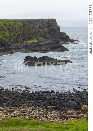 Bay of the Cow with rocky shore and towering basalt cliffs layered with earth formations 119453771