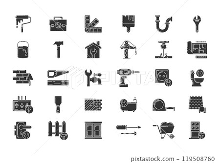 Set of 30 black glyph icons for construction, renovation, repair, and home improvement. Includes tools, equipment, and home features. 119508760