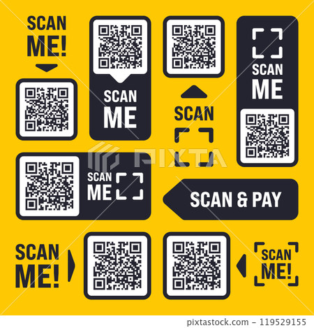 Scan me QR code sticker with text. Online payment. Special offer sale stickers, shopping discount label, promotional badge. Product serial number. Supermarket retail price tag. Vector illustration 119529155