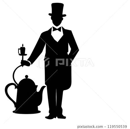 Black silhouette, tattoo of a waiter with kettle on white background. Vector. 119550539