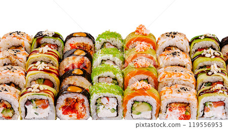 Big sushi set with various kinds of maki rolls isolated on white background 119556953