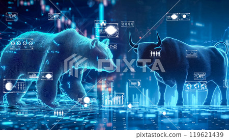 Shiny bear and bull digital stock market data 119621439