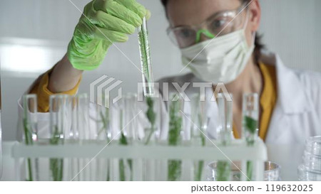 Female scientist wearing a lab coat, green gloves and mask looking to the test tube with plants inside, close up. Science and medicine 119632025