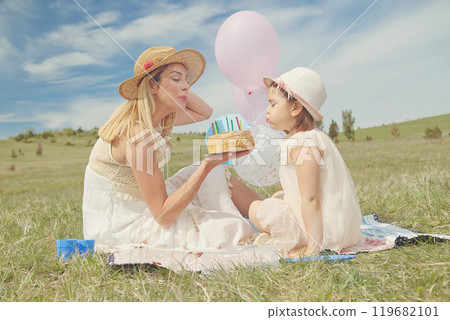 Mother and daughter celebrating birthday in nature park 119682101