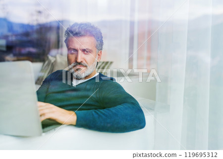 Portrait of handsome man sitting on sofa and working on laptop. Through window shot. 119695312