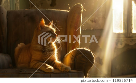 The cat basks in the sun while resting in a chair 119856714