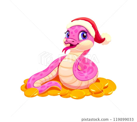 Cartoon snake character for Chinese lunar New Year, vector personage. 2025 Chinese lunar New Year calendar or zodiac horoscope symbol of snake in Santa hat on gold coins as luck and prosperity symbol 119899033