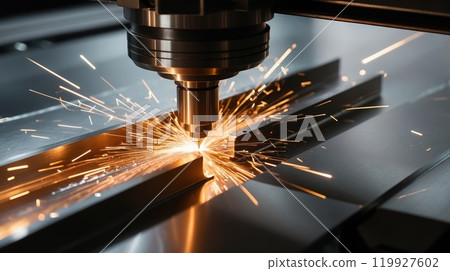 Industrial laser cutting machine creating sparks while slicing through metal sheets 119927602