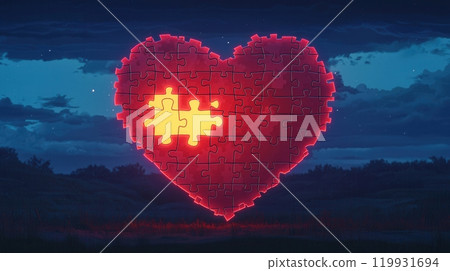 A glowing heart shape illuminates the night sky, emitting warm colors against a dark backdrop 119931694