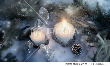 Detailed winter solstice still life showcasing candles and crystals with a touch of mystical energy. Nature concept 119086609